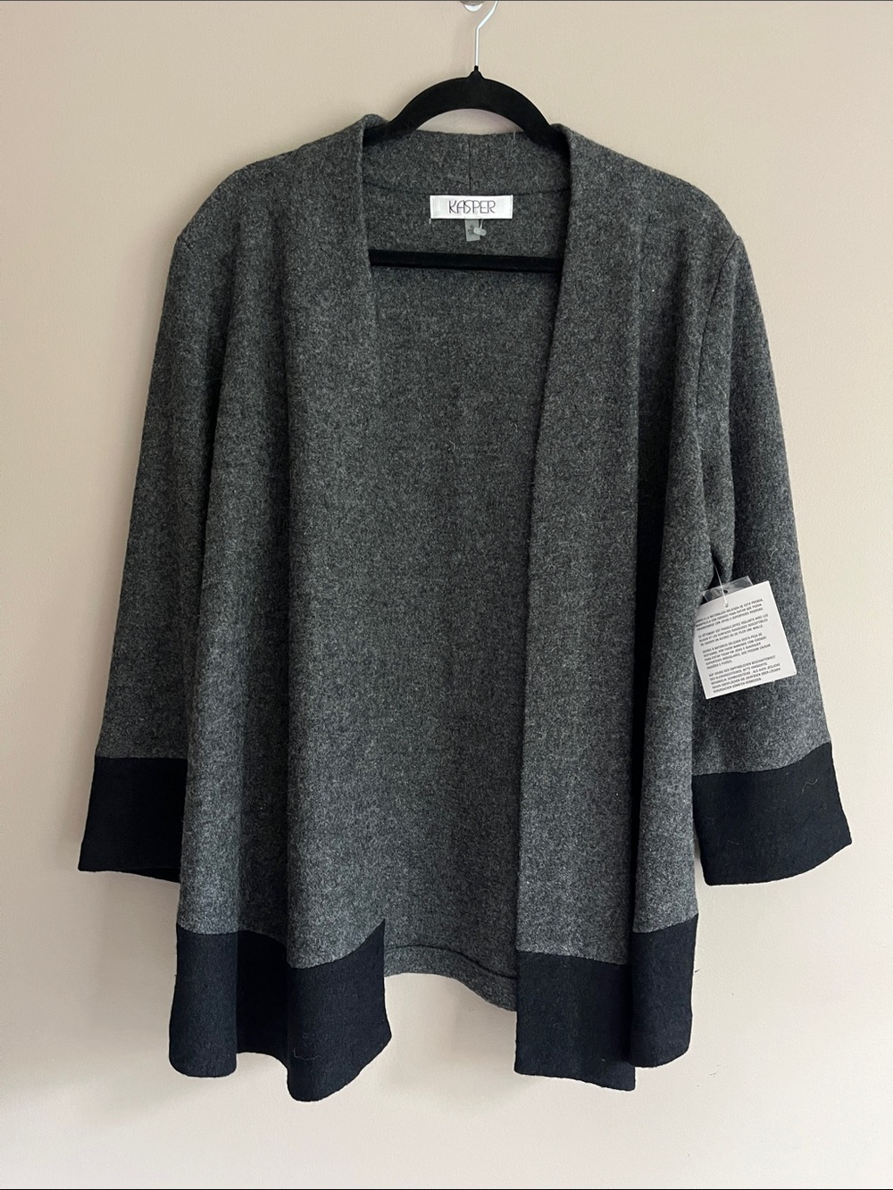 Kasper Charcoal Gray/Black Colorblock Open-Front Career Jacket Cardigan size XL
